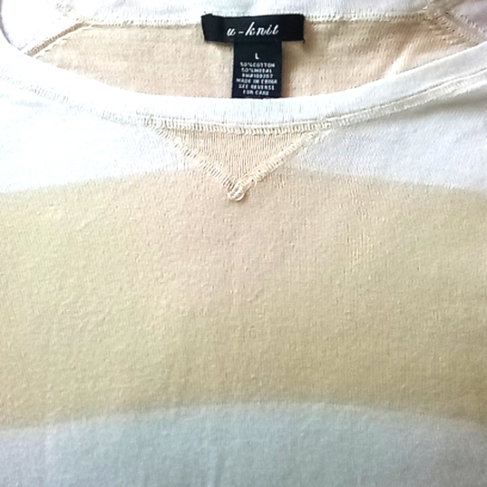 Light long sailor stripe sweater size L. Cream & Tan. By: u-knit